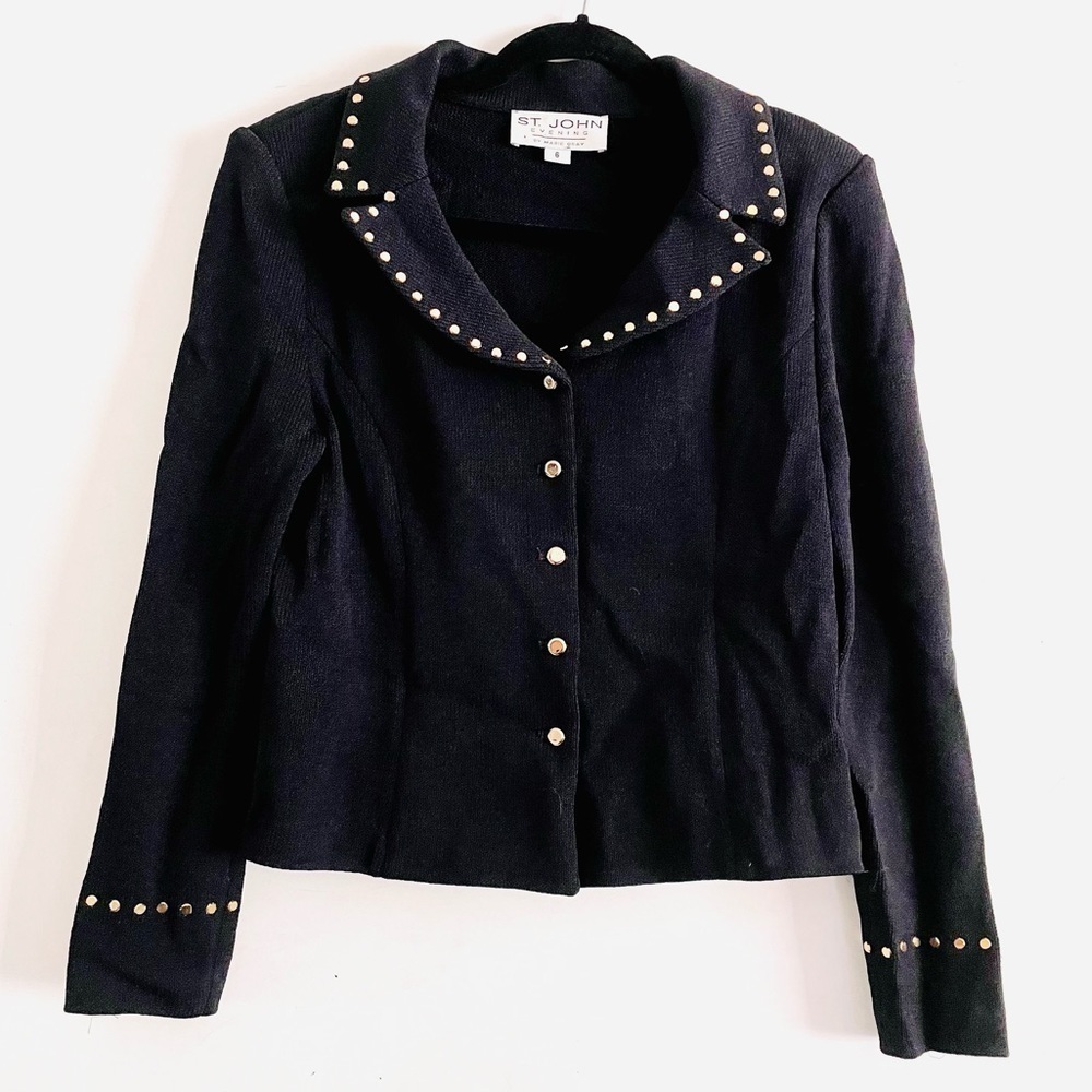 St. John Evening Knit Blazer 6 Gold Studded Embellishment Buttons Black Luxury
